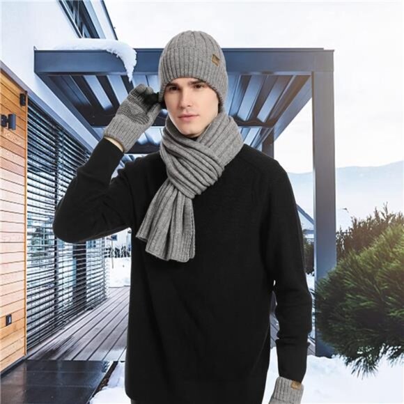 3pcs/Set Winter Beanie Hats Touchscreen Gloves Neck Warmer Scarf Set for Men - Picture 6 of 7
